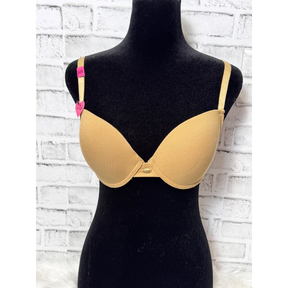 Betsey Johnson Tan Ribbed Plunge Bra Underwire Padded 36B Nude Tan Everyday